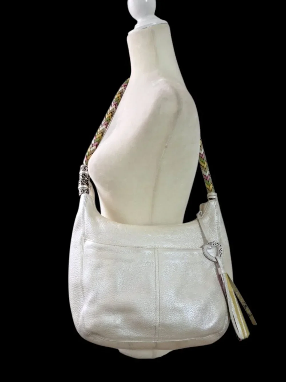 Brighton Women's Cream Pearl Pebbled Leather Hobo Bag Braided Shoulder Strap